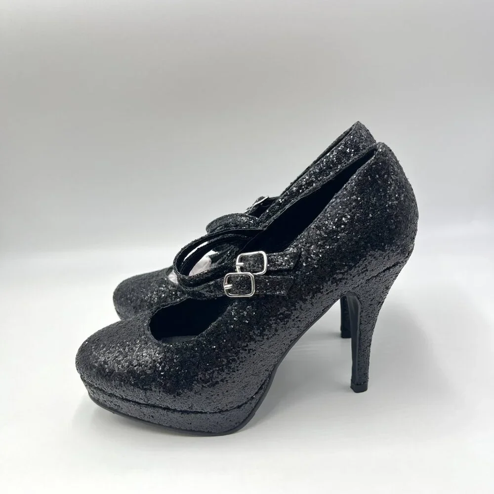 Ellie Size 8 8M Black‎ Glitter Platform Mary Jane Stiletto Heels Pumps Shoes